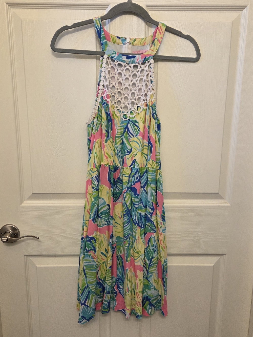 Lilly Pulitzer Pink, Blue & Green Leaf Print Halter Dress